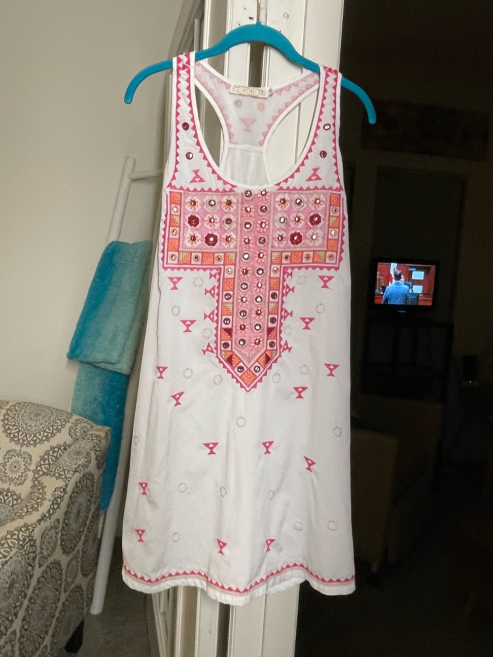 Embroidered White Tank Dress with Pink Accents